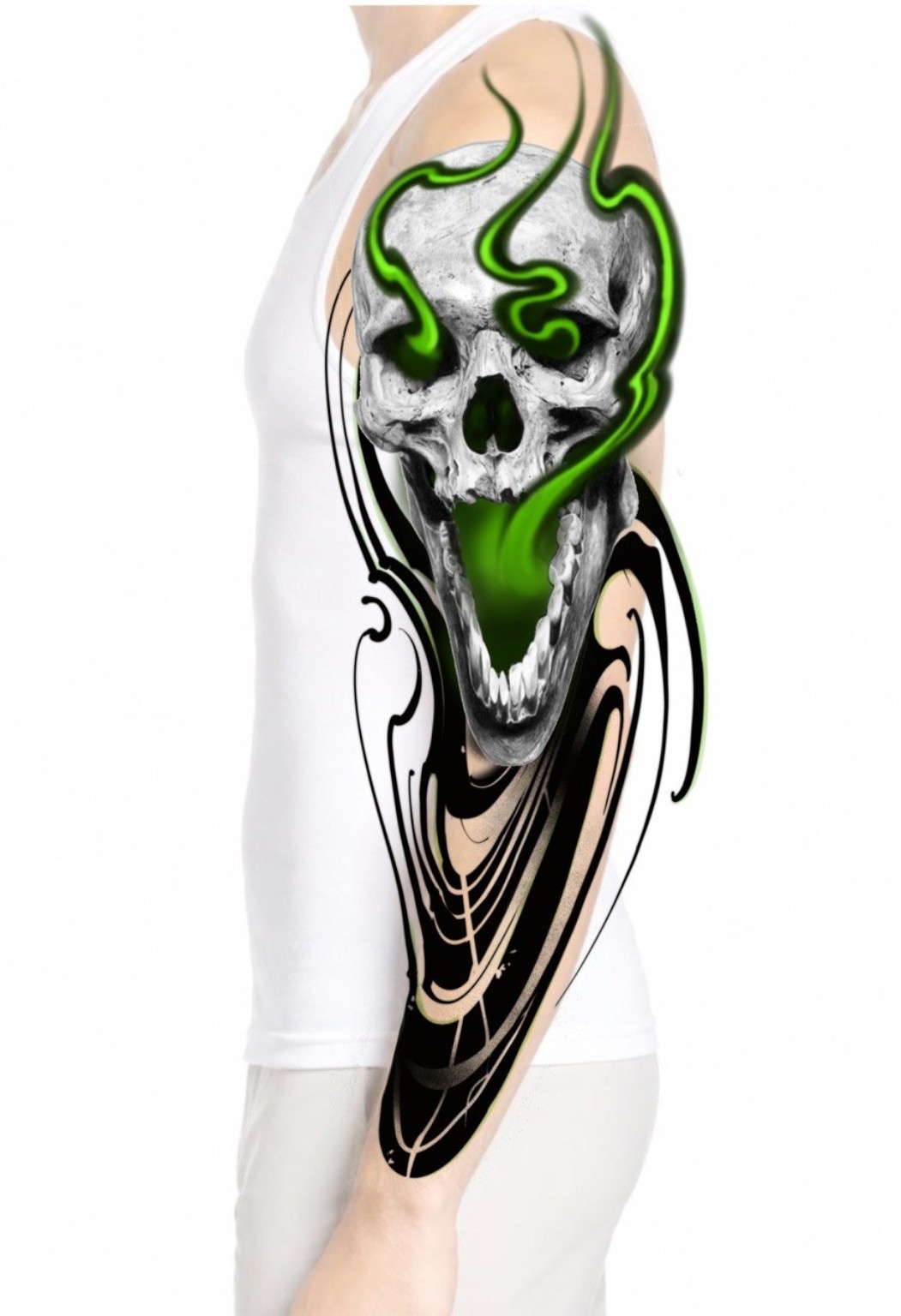 Mockup do projeto disponível ART-002: Caveira e fluxo verde para braço
